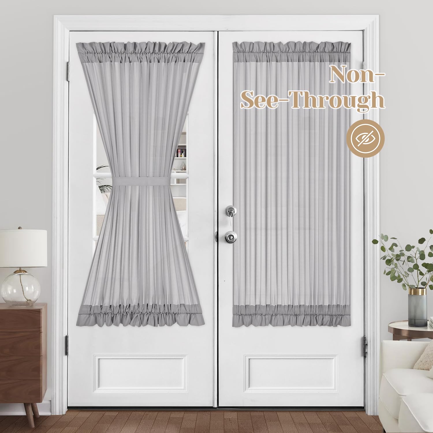 Homeideas Non-See-Through French Door Curtains Set Of 2 For Front Door, Privacy Semi Sheer Door Window Curtains, Rod Pocket Light Filtering Door Covering With Tieback, (Light Grey, 54W X 72L)